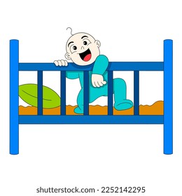 happy baby boy is playing on the bed climbing. vector design illustration art