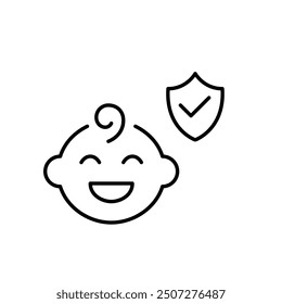 Bebé feliz, escudo de seguridad y marca de verificación. Seguridad infantil y seguro. Icono de Vector perfecto de píxeles