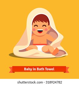 Happy baby boy toddler wrapped in bath towel. Flat style vector cartoon illustration isolated on white background.