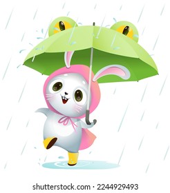 Happy baby bunny jumping dancing with umbrella under the rain, wearing raincoat. Cute rabbit in rainy weather with funny frog umbrella. Vector childish animal clip art drawing.