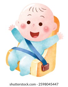 Happy Baby in a Car Seat Illustration. A delightful watercolor-style illustration of a happy baby securely fastened in a car seat with a blue safety belt.