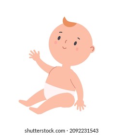 Happy baby. Child in diaper. Sweet Little kid. Playful toddler. Vector clip art