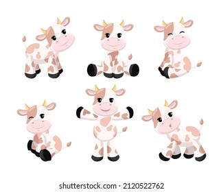 Happy baby cow in different poses cartoon illustration set. Cute little calf character with brown spots sitting, walking, smiling, winking on white background. Domestic animal concept