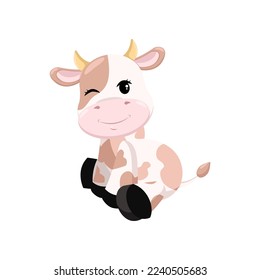 Happy baby cow sitting and winking cartoon illustration. Cute little calf character with brown spots sitting on white background. Domestic animal concept