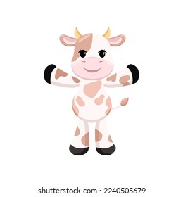 Happy baby cow standing on two legs cartoon illustration. Cute little calf character with brown spots standing on white background. Domestic animal concept