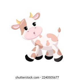 Happy baby cow walking cartoon illustration. Cute little calf character with brown spots walking on white background. Domestic animal concept