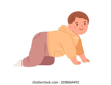 Happy baby crawling. Cute little child moving on his hands and knees. Joyful smiling kid. Portrait of adorable lovely boy. Flat vector illustration isolated on white background