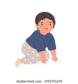 Happy baby crawling. Little child moving on knees and hands. Portrait of smiling kid in home clothes. Flat vector illustration of lovely adorable boy isolated on white background.