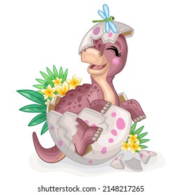 Happy baby dinosaur brontosaurus sitting in egg on nature. Cute cartoon character. Vector isolated illustration. For print, design, advertising, cards,stationery, t-shirt, textiles, decor, sublimation