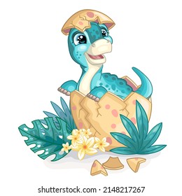 Happy baby dinosaur brontosaurus sitting in egg on nature. Cute cartoon character. Vector isolated illustration. For print, design, advertising, cards,stationery, t-shirt, textiles, decor, sublimation