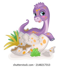 Happy baby dinosaur diplodocus sitting in egg on nature. Cute cartoon character. Vector isolated illustration. For print, design, advertising, cards, stationery, t-shirt, textiles, decor, sublimation.