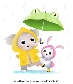 Happy baby elephant and bunny with umbrella under the rain, wearing yellow raincoat. Cute friends animals elephant and rabbit in rainy weather. Vector childish animal clip art drawing.