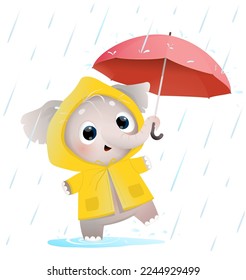 Happy baby elephant with umbrella under the rain, wearing yellow raincoat. Cute animal cartoon for children, elephant in rain jacket in rainy weather. Vector childish animal clip art drawing.