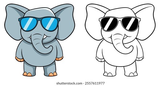 Happy Baby Elephant Wearing Sunglasses Cartoon Coloring Page For Kids. Animal Cartoon Coloring Book Printable
