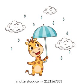 Happy baby giraffe stands in the rain with an umbrella in his hands near the clouds and drops. Vector illustration for designs, prints and patterns. Isolated on white background