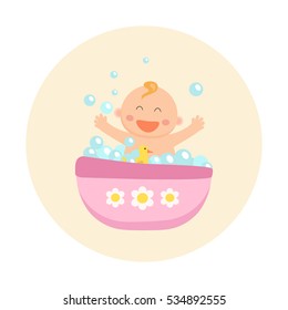 Happy baby girl bath. Flat design.