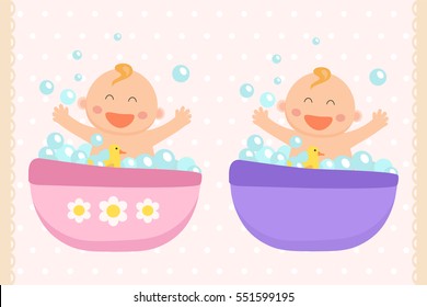 Happy baby girl and baby boy bath. Flat design.