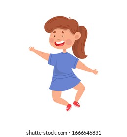 Happy baby girl. A cheerful child joyfully jumps, dances funny. Colorful simple flat cartoon style. Isolated vector illustration.