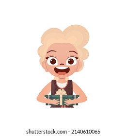 Happy baby girl holding a gift. Drawing in a flat style. Vector illustration.