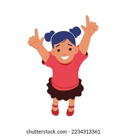 Happy Baby Girl Looking Up and Pointing on Sky Isolated on White Background. Cheerful Child Character Laugh and Smile, Feel Positive Emotions, Childhood Concept. Cartoon People Vector Illustration