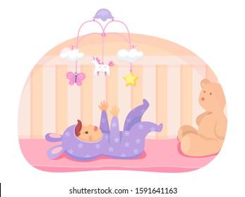 Happy baby girl lying in crib and playing with mobile. Cartoon hanged toy stars, unicorn, butterfly, clouds. Newborn character in cute bunny jumpsuit clothes. Big soft teddy bear. Vector illustration