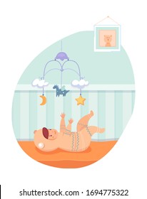 Happy baby girl lying in crib and playing with mobile. Cartoon hanged toy stars, unicorn, butterfly, clouds. Newborn character in cute bunny jumpsuit clothes. Big soft teddy bear. Vector illustration