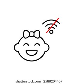 Happy baby girl and no wi-fi. Disconnected wi-fi parenting, digital detox for children. Pixel perfect, editable stroke vector icon