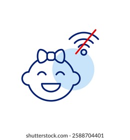 Happy baby girl and no wi-fi. Disconnected wi-fi parenting, digital detox for children. Pixel perfect, editable stroke vector icon