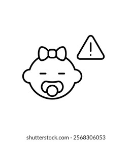 Happy baby girl with pacifier and hazard symbol. Exclamation mark in triangle. Child friendly warning and safety caution. Pixel perfect vector icon