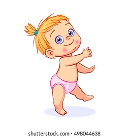 Happy baby girl in pink diaper learns to walk. Vector isolated toddler character.