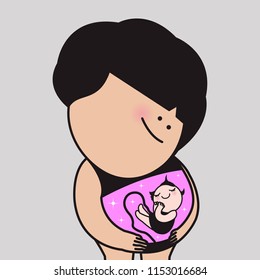 Happy Baby Girl In The Womb Respond To Her Mother's Touch With Love. Mother's Day Concept Card Character illustration