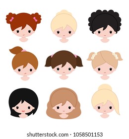 Happy baby girls faces. Cartoon vector illustration.