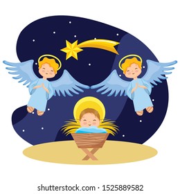 happy baby jesus angels with belen star in the night. vector illustration