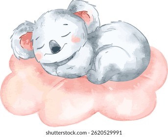 Happy baby koala sleep on the pink cloud. Watercolor animal illustration for baby room decoration, nursery, and baby shower project.