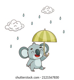 Happy baby koala stands in the rain with an umbrella in his hands near the clouds and drops. Vector illustration for designs, prints and patterns. Isolated on white background