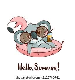 Happy baby koala in sunglasses on a flamingo swimming circle holds a cocktail in his hands. Lettering Hello, summer. Vector illustration for designs, prints and patterns. Isolated on white background