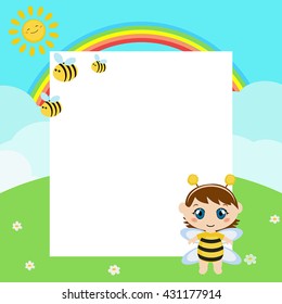 Happy baby with large sheet of paper. Baby dressed as bee.