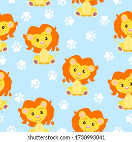 Happy baby lion sitting. Yellow and orange. Light blue background. Seamless pattern. Flat cartoon style. Funny and cute. Paw print. African animal. For postcards, wallpaper, textile and wrapping paper