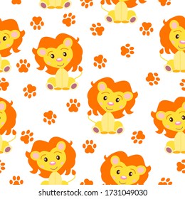Happy baby lion sitting. Yellow and orange. White background. Seamless pattern. Flat cartoon style. Funny and cute. Paw print. African animal. For postcards, wallpaper, textile and wrapping paper