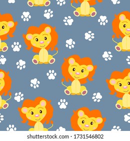 Happy baby lion sitting. Yellow and orange. Gray background. Seamless pattern. Flat cartoon style. Funny and cute. Paw print. African animal. For postcards, wallpaper, textile and wrapping paper