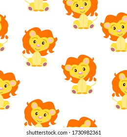 Happy baby lion. Yellow and orange. White background. Seamless pattern. Flat cartoon style. Funny and cute. Wild cat. African animal. For kids. For postcards, wallpaper, textile and wrapping paper
