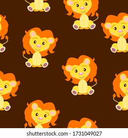Happy baby lion. Yellow and orange. Brown background. Seamless pattern. Flat cartoon style. Funny and cute. Wild cat. African animal. For kids. For postcards, wallpaper, textile and wrapping paper