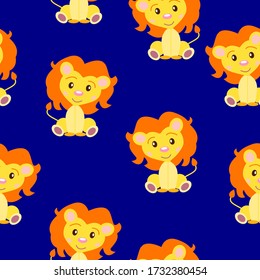 Happy baby lion. Yellow and orange. Blue background. Seamless pattern. Flat cartoon style. Funny and cute. Wild cat. African animal. For kids. For postcards, wallpaper, textile and wrapping paper