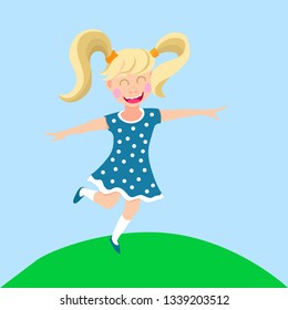 happy baby, little blonde girl running, vector illustration