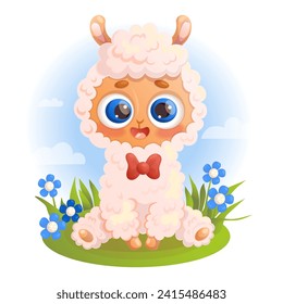 Happy baby Llama. Cute alpaca sitting animal in clearing with blue flowers. Vector illustration in cartoon style