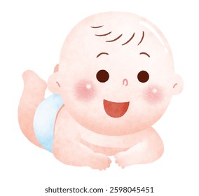 Happy Baby Lying on Stomach. A joyful baby lying on their stomach with a big smile, wearing a light blue diaper.