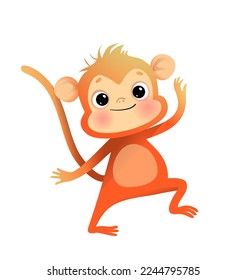 Happy baby monkey dancing or showing. Cute animal cartoon for children, childish smiling monkey chimp character for kids. Funny ape animal mascot illustration. Vector childish clip art drawing.