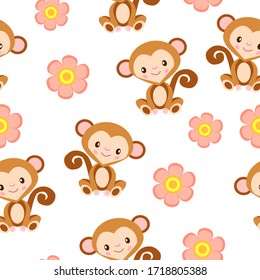 Happy baby monkey sitting. Brown and beige. White background. Seamless pattern. Cartoon style. Funny and cute. African animal. Nature and ecology. For postcards, wallpaper, textile and wrapping paper