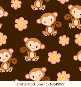 Happy baby monkey sitting. Brown and beige. Brown background. Seamless pattern. Cartoon style. Funny and cute. African animal. Natura and ecology. For postcards, wallpaper, textile and wrapping paper