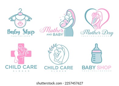 happy baby and mother icon set logo design.badges for children store and baby care center.illustration